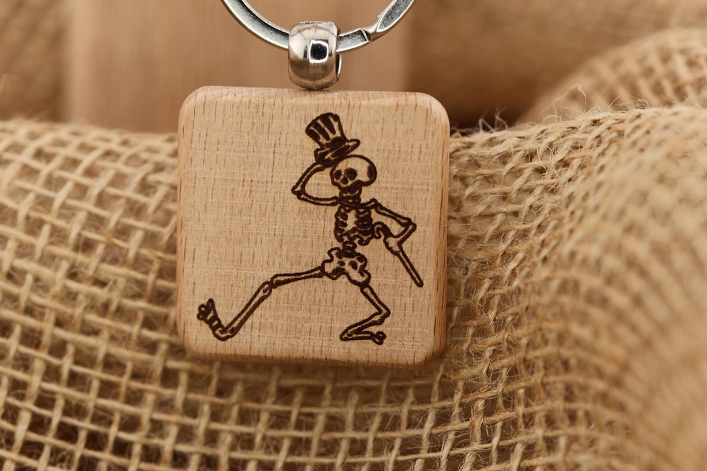 Grateful Dead dancing skeleton keychain / bag charm – double-sided laser engraved wood with stainless steel keyring, band fan gift