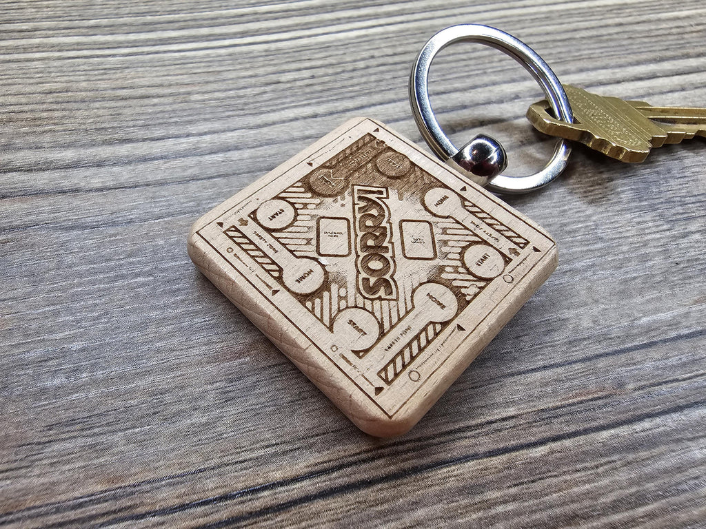 Sorry! board game keychain / bag charm: laser engraved wood & stainless steel