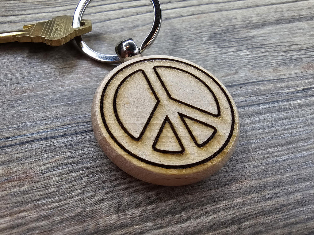 Laser engraved peace sign keychain / bag charm: hardwood with stainless steel keyring