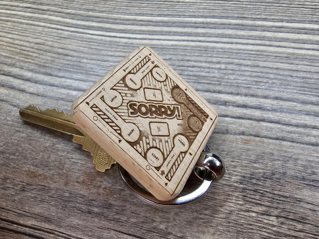 Sorry! board game keychain / bag charm: laser engraved wood & stainless steel