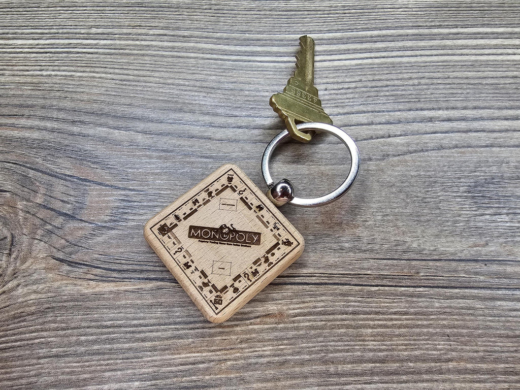 Monopoly board game keychain / bag charm: laser engraved hardwood, stainless steel keyring
