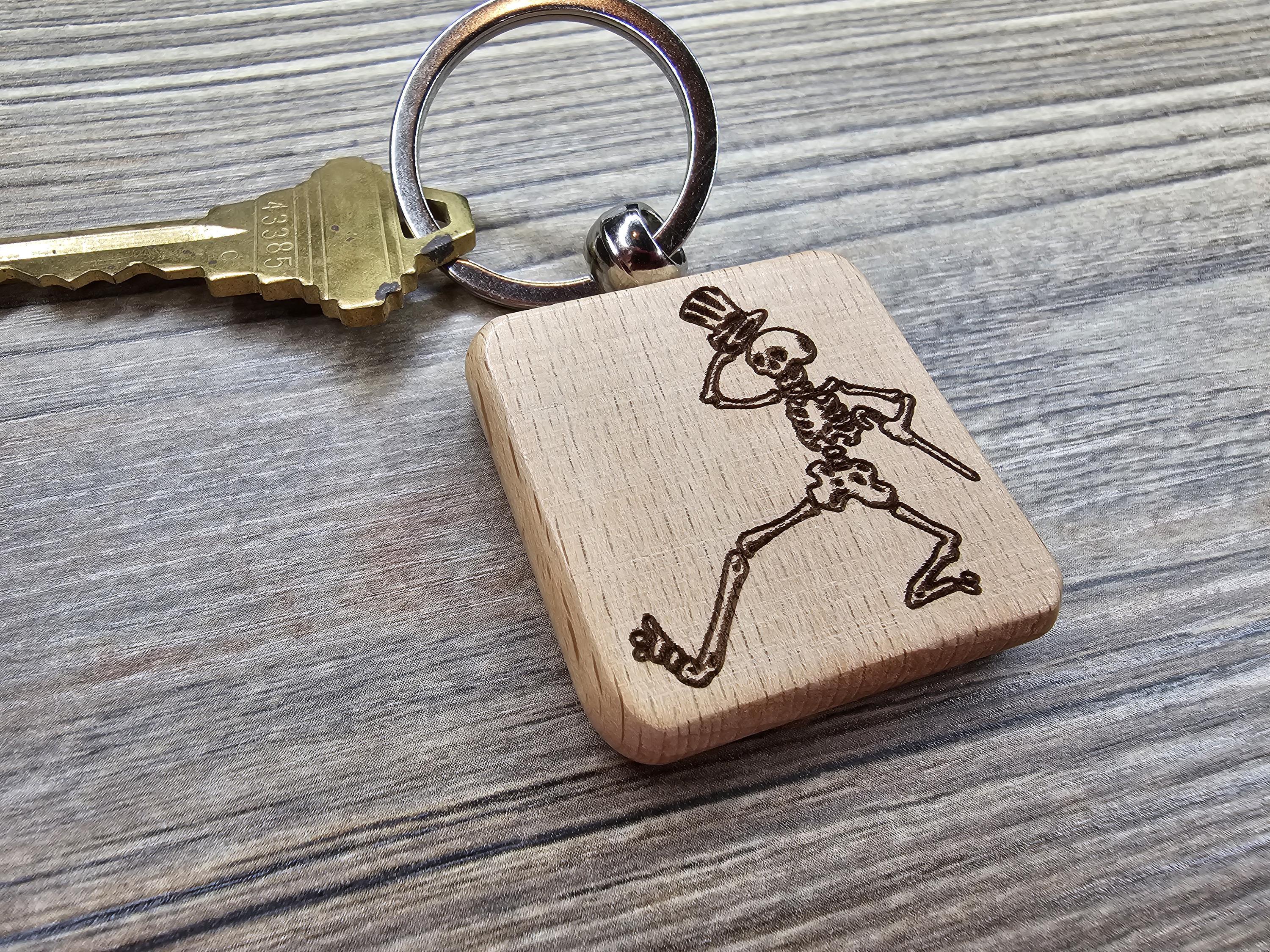 Grateful Dead dancing skeleton keychain / bag charm – double-sided laser engraved wood with stainless steel keyring, band fan gift