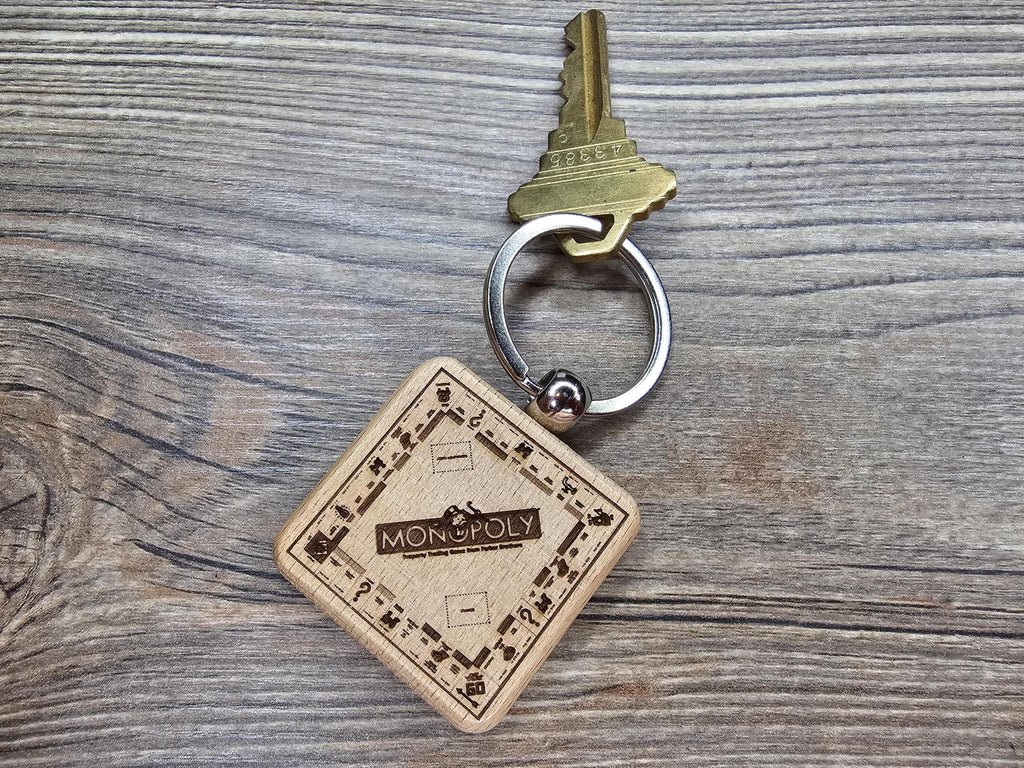 Monopoly board game keychain / bag charm: laser engraved hardwood, stainless steel keyring
