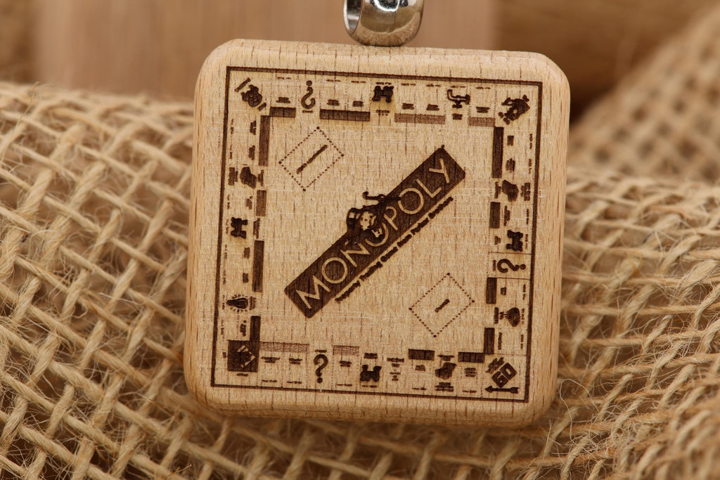 Monopoly board game keychain / bag charm: laser engraved hardwood, stainless steel keyring