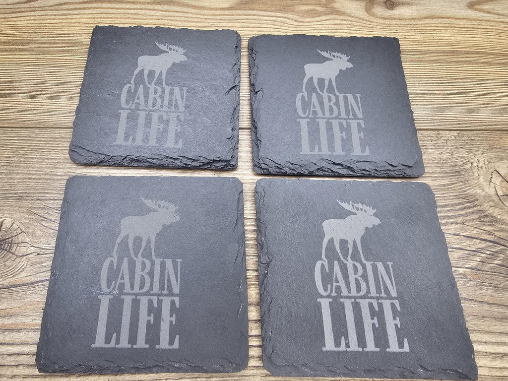 Cabin life slate coasters: laser engraved rustic home bar decor