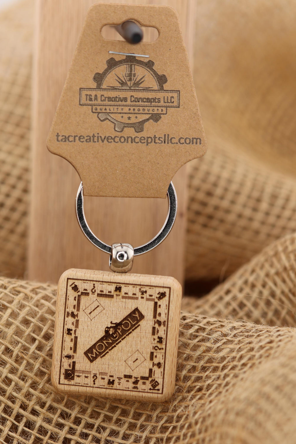 Monopoly board game keychain / bag charm: laser engraved hardwood, stainless steel keyring