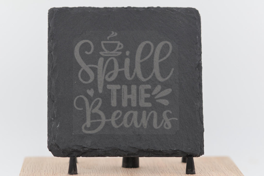 Spill the beans slate coasters: laser engraved, set of 4