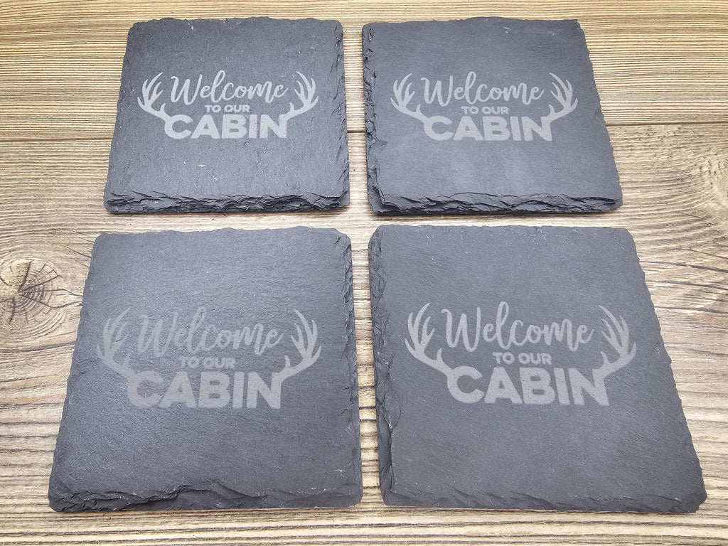 Laser engraved slate cabin coasters: rustic home bar decor