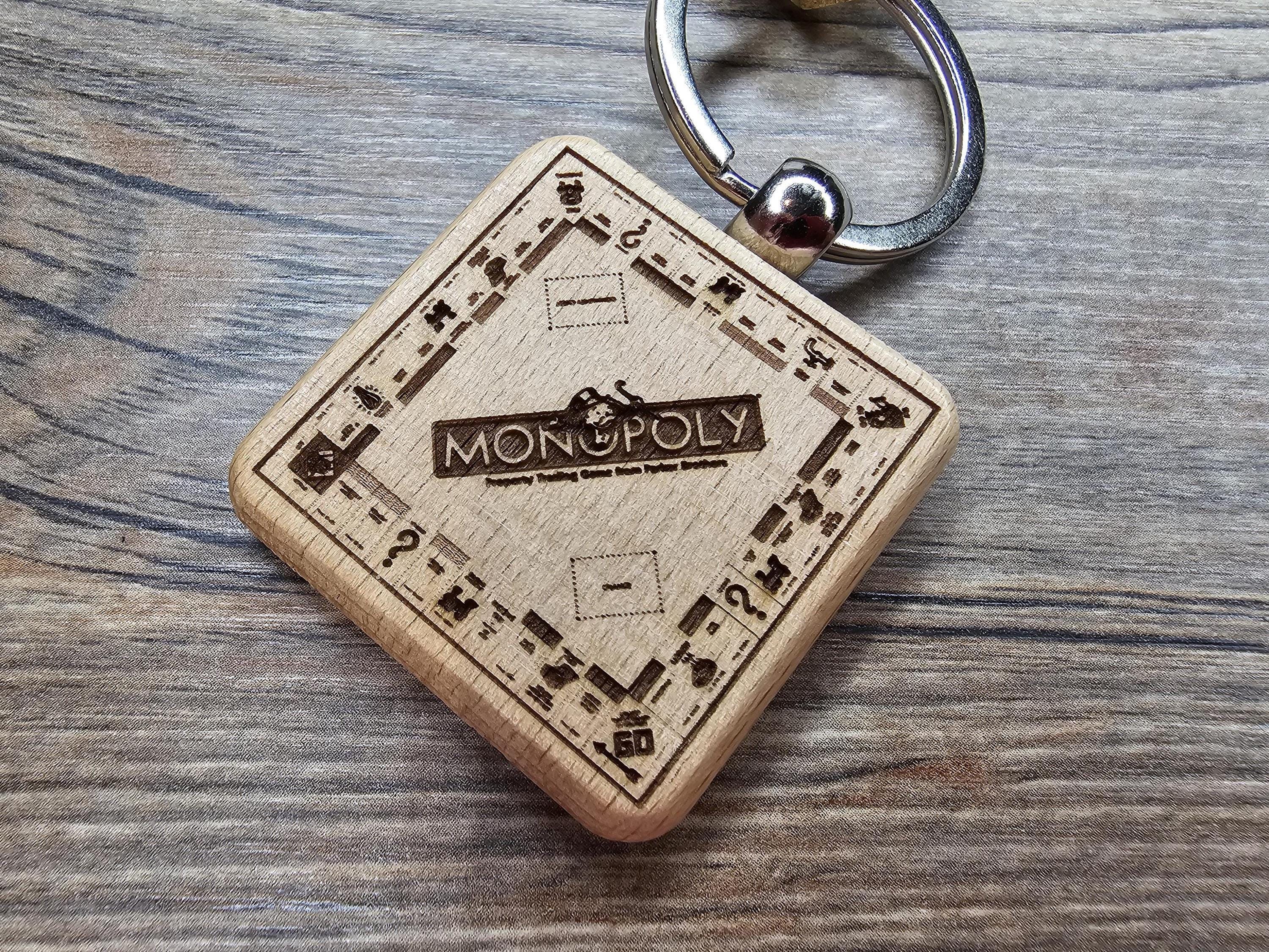 Monopoly board game keychain / bag charm: laser engraved hardwood, stainless steel keyring