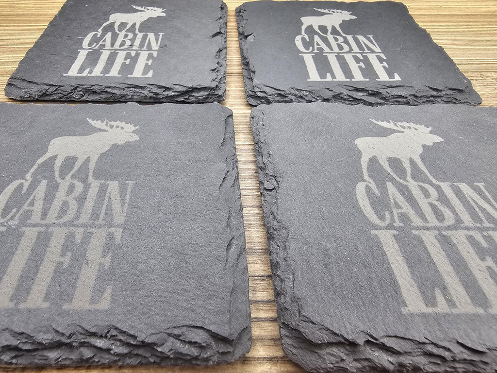 Cabin life slate coasters: laser engraved rustic home bar decor