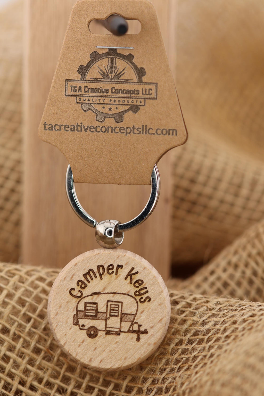 Laser engraved wood camper keys keychain: rv gift with stainless steel ring
