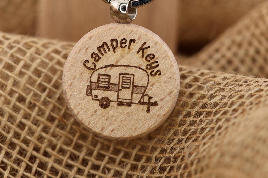 Laser engraved wood camper keys keychain: rv gift with stainless steel ring
