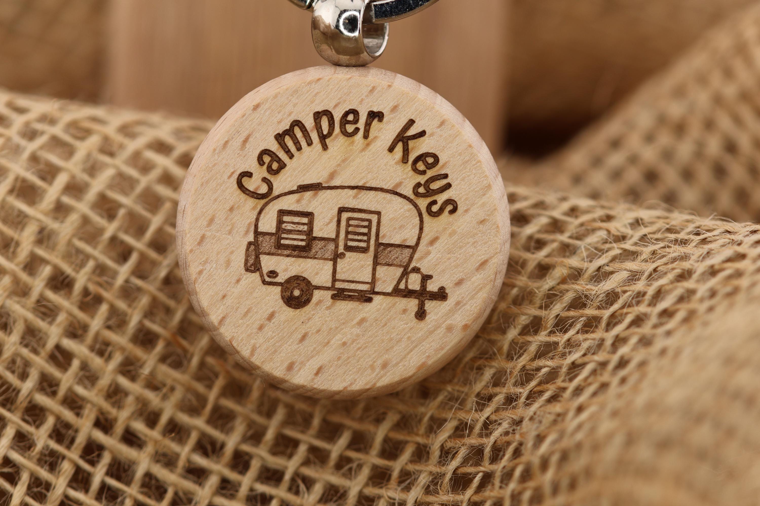 Laser engraved wood camper keys keychain: rv gift with stainless steel ring