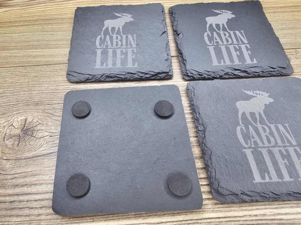 Cabin life slate coasters: laser engraved rustic home bar decor