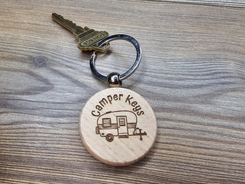 Laser engraved wood camper keys keychain: rv gift with stainless steel ring