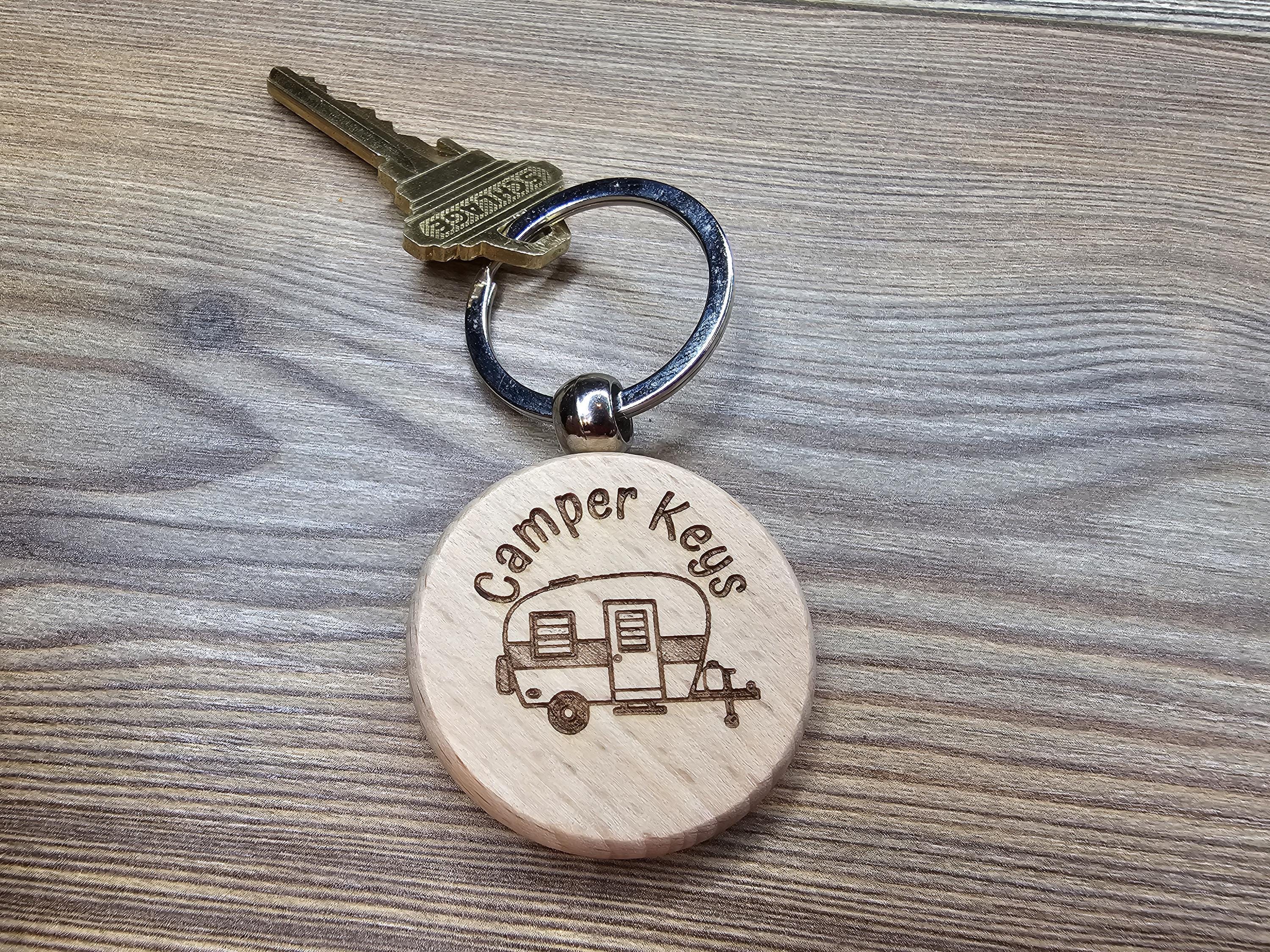 Laser engraved wood camper keys keychain: rv gift with stainless steel ring