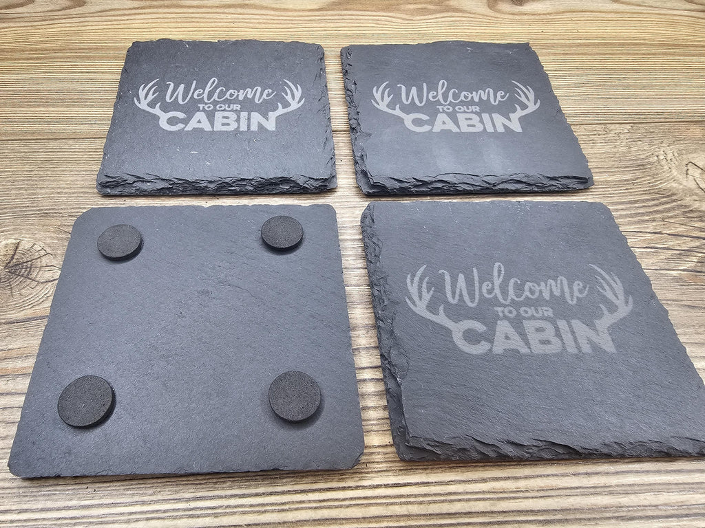 Laser engraved slate cabin coasters: rustic home bar decor