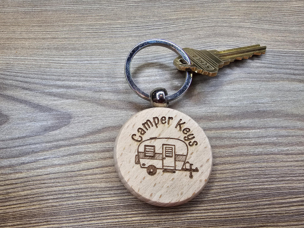 Laser engraved wood camper keys keychain: rv gift with stainless steel ring