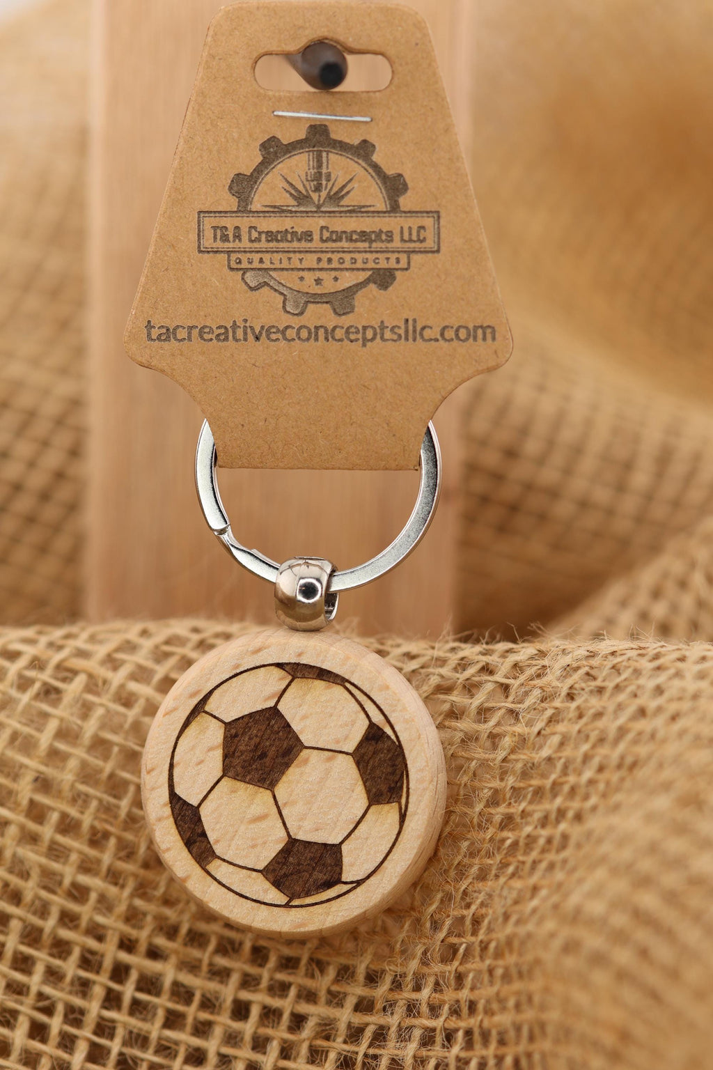 Laser engraved wood soccer ball keychain / bag charm: stainless steel keyring