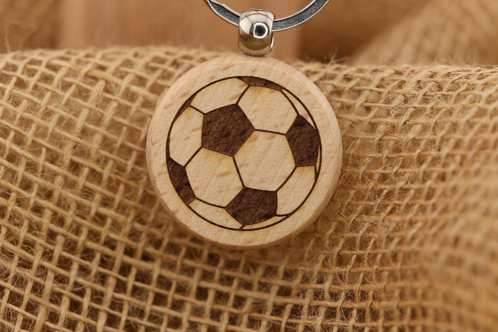 Laser engraved wood soccer ball keychain / bag charm: stainless steel keyring