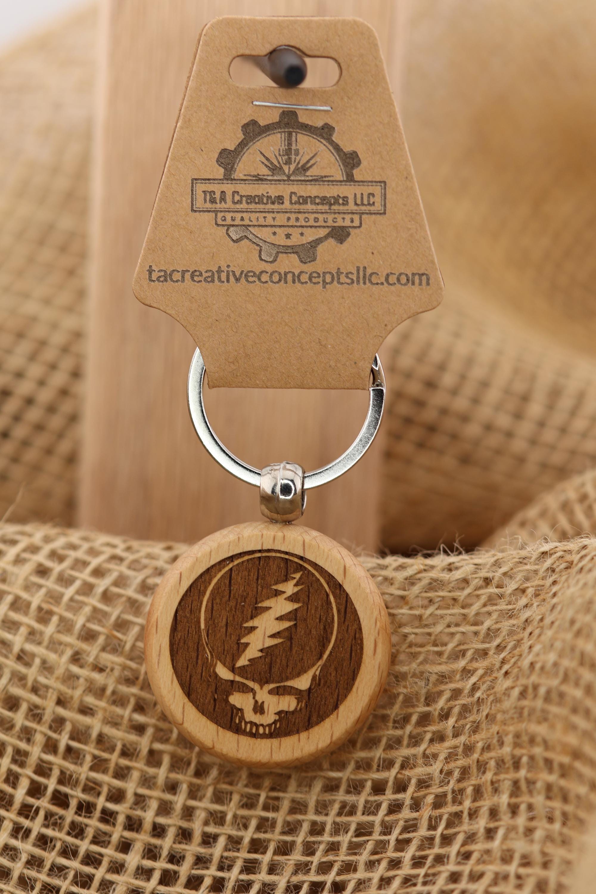 Grateful Dead steal your face keychain - Bag Charm – double-sided laser engraved wood with stainless steel keyring, music fan gift