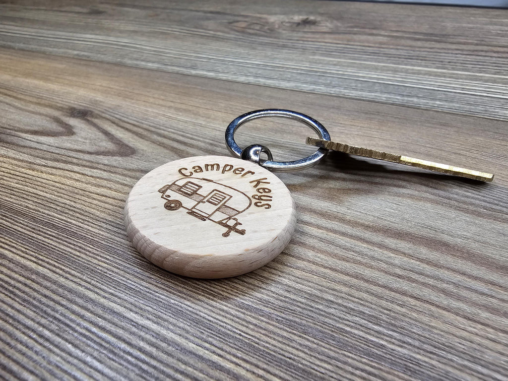 Laser engraved wood camper keys keychain: rv gift with stainless steel ring