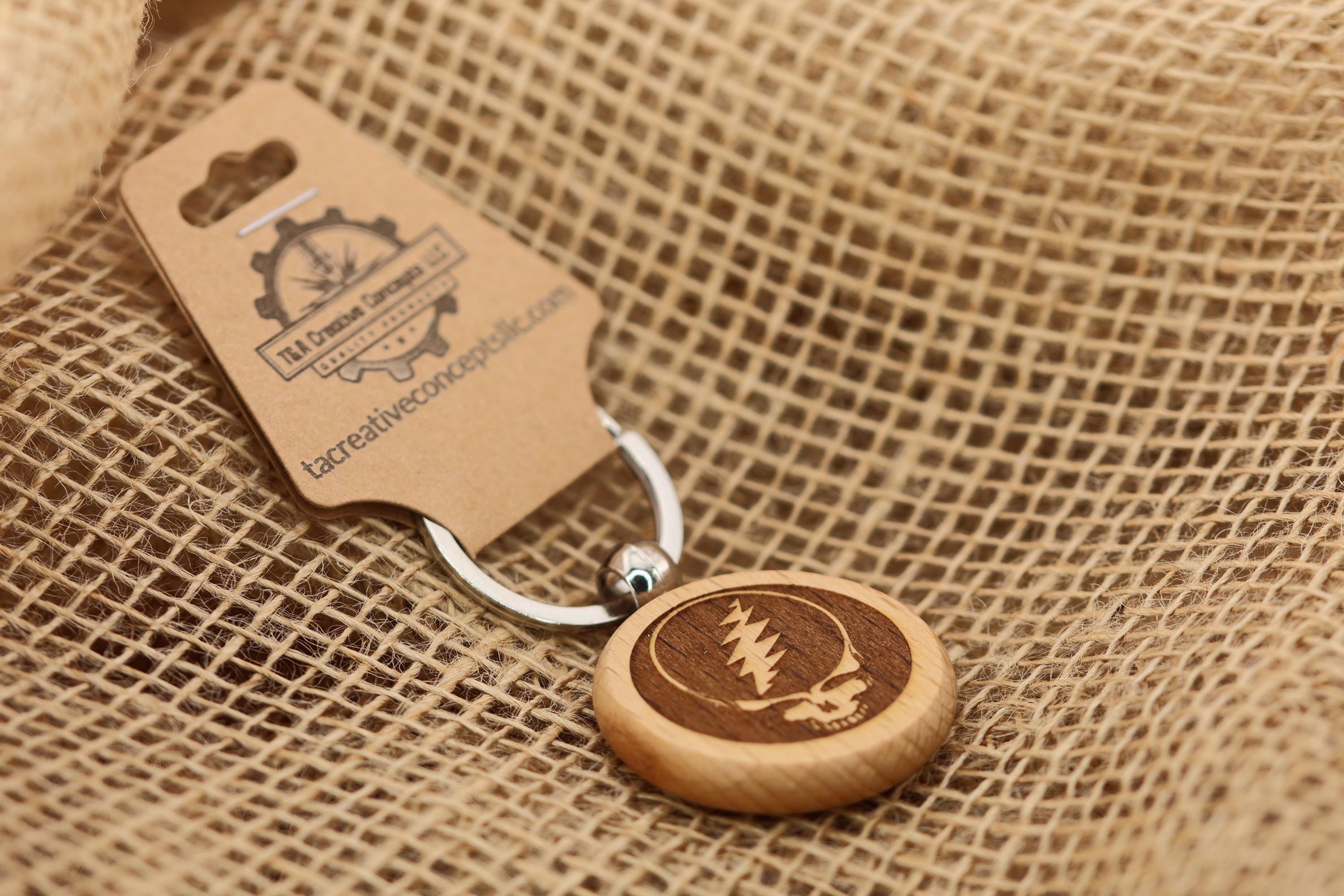 Grateful Dead steal your face keychain - Bag Charm – double-sided laser engraved wood with stainless steel keyring, music fan gift