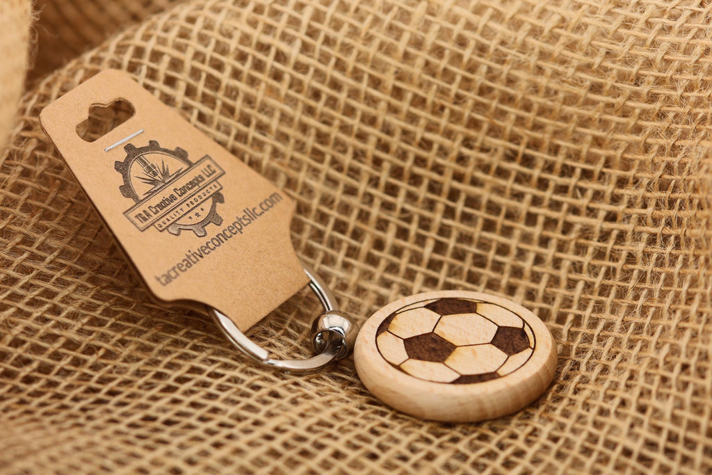 Laser engraved wood soccer ball keychain / bag charm: stainless steel keyring