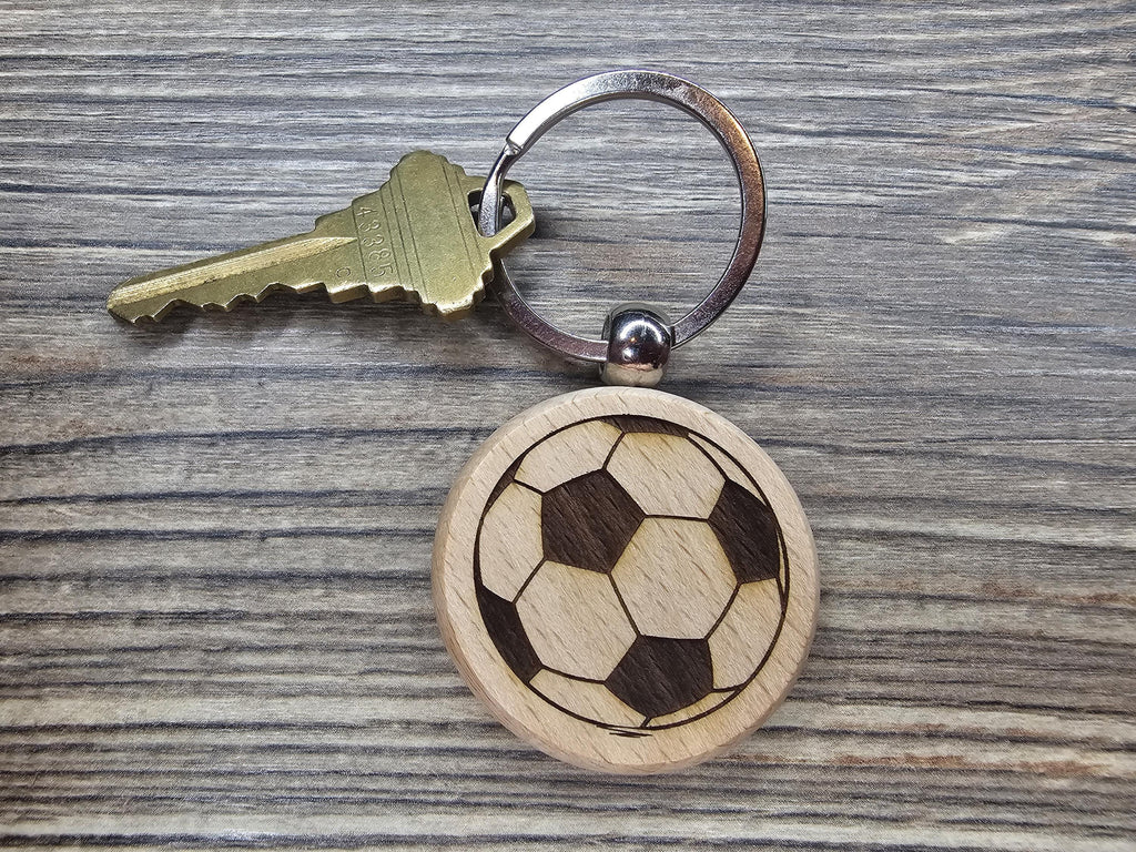 Laser engraved wood soccer ball keychain / bag charm: stainless steel keyring