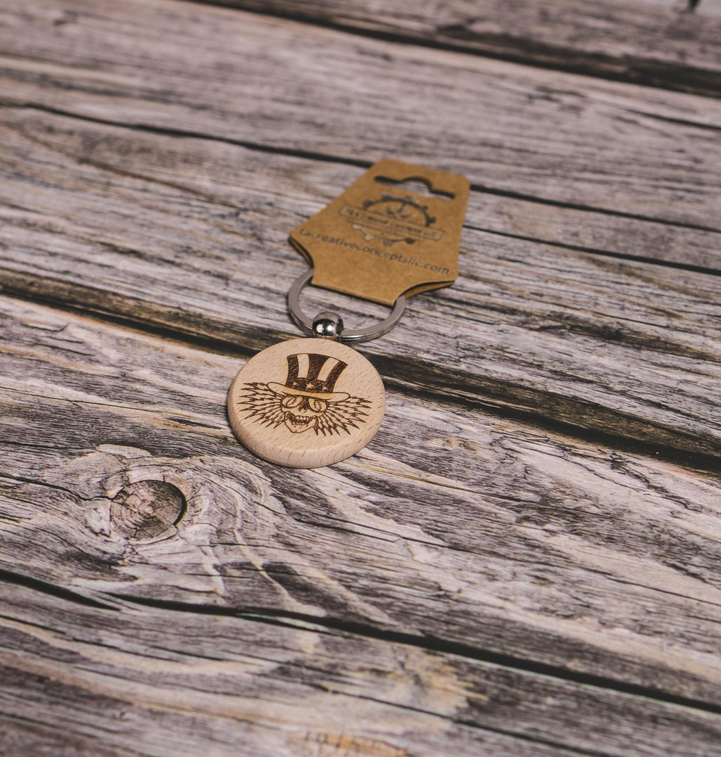 Grateful Dead Uncle Sam keychain / bag charm– double-sided laser engraved wood with stainless steel keyring, music fan gift
