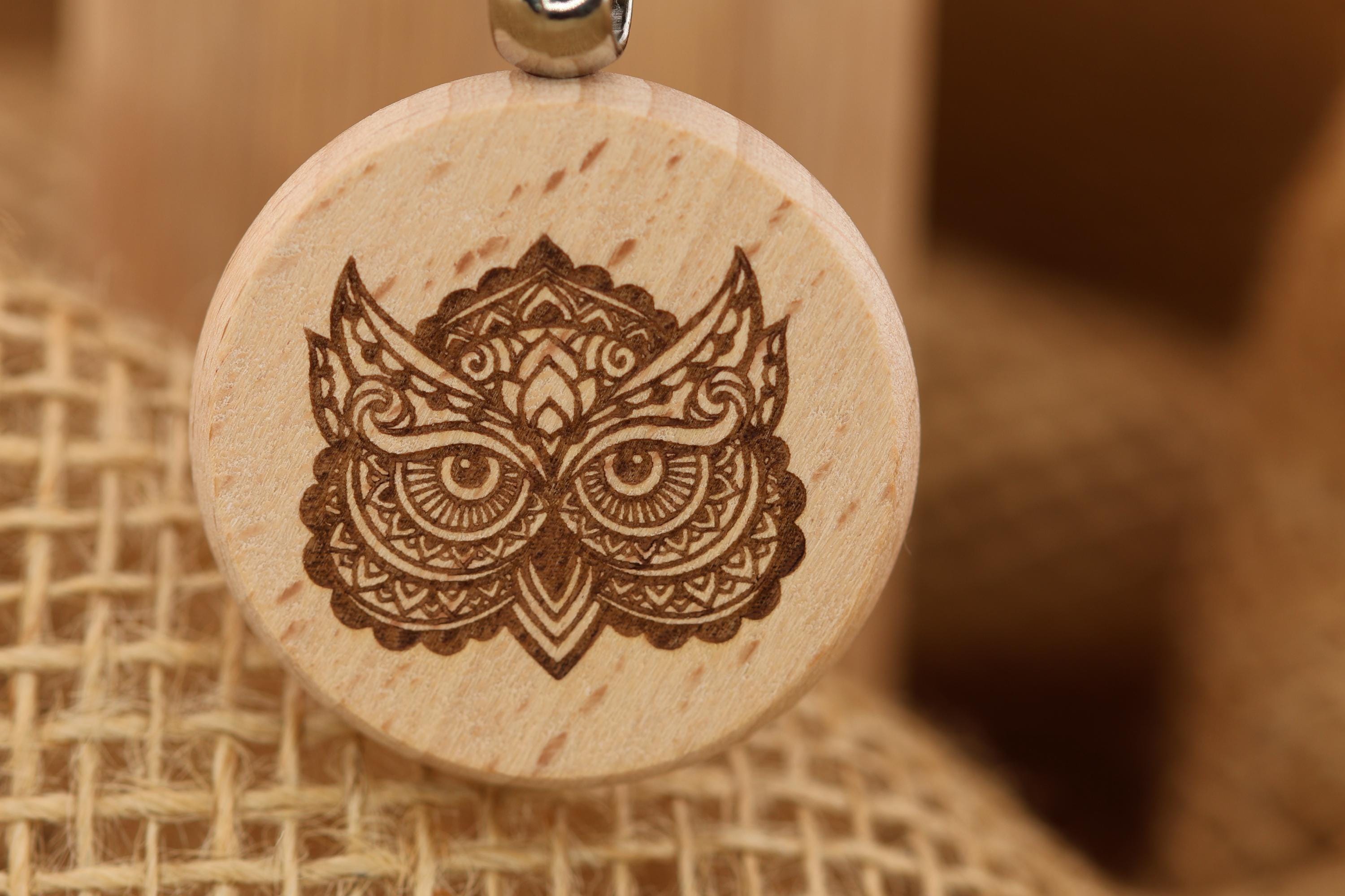 Laser engraved hardwood owl keychain / bag charm: double-sided bird lover gift