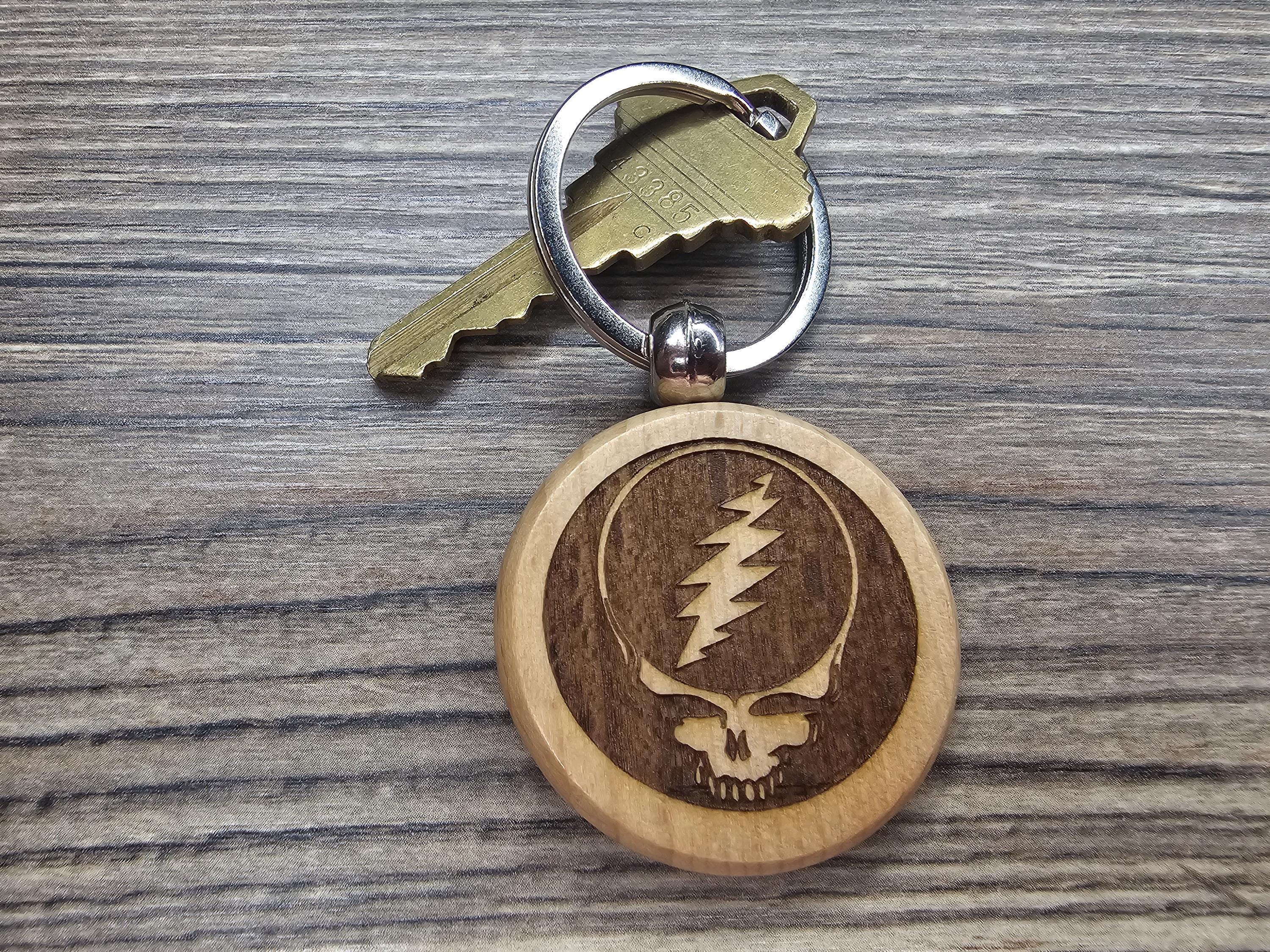 Grateful Dead steal your face keychain - Bag Charm – double-sided laser engraved wood with stainless steel keyring, music fan gift