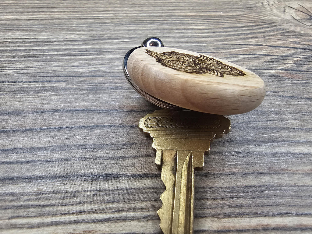 Laser engraved hardwood owl keychain / bag charm: double-sided bird lover gift