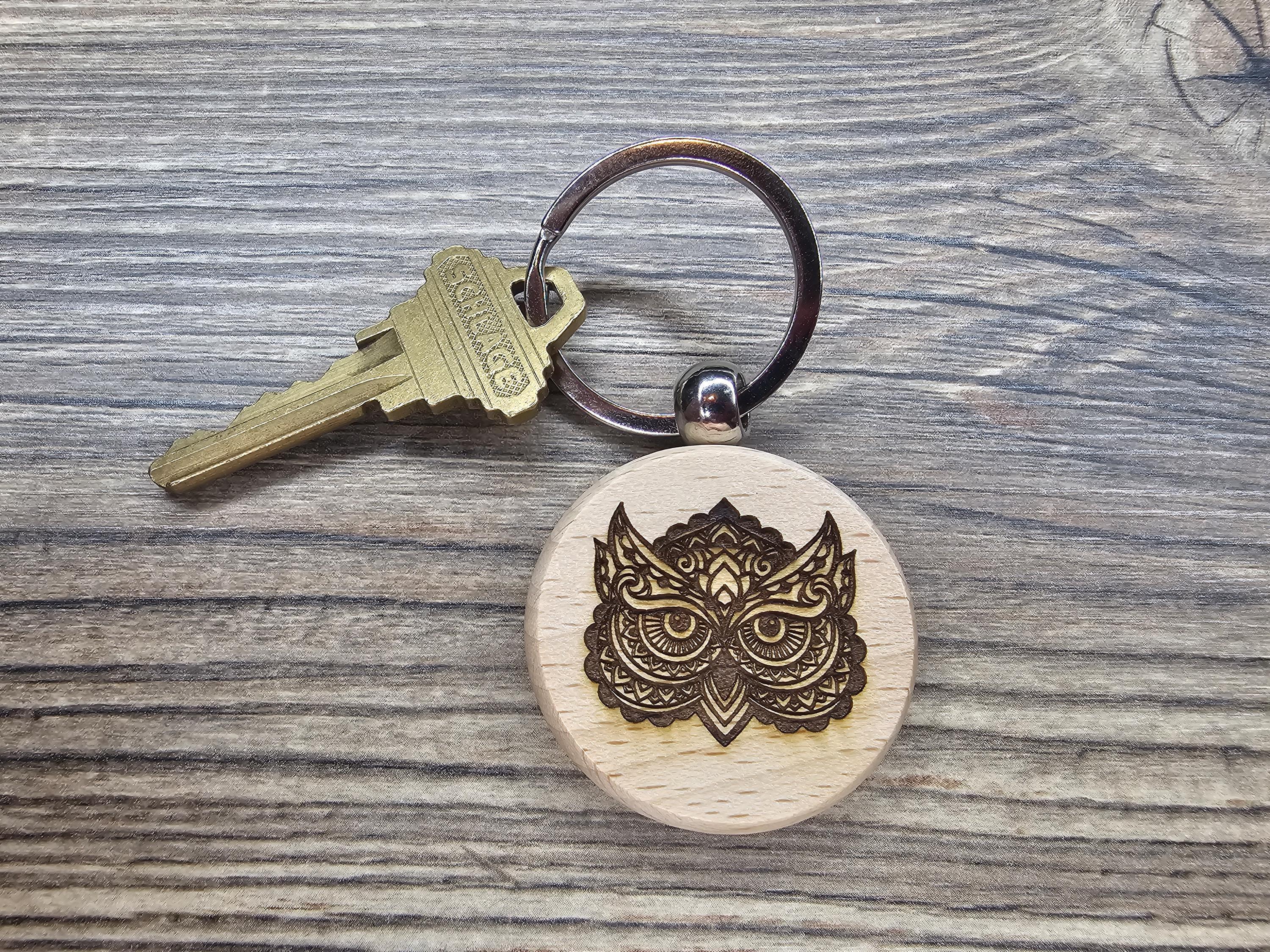 Laser engraved hardwood owl keychain / bag charm: double-sided bird lover gift