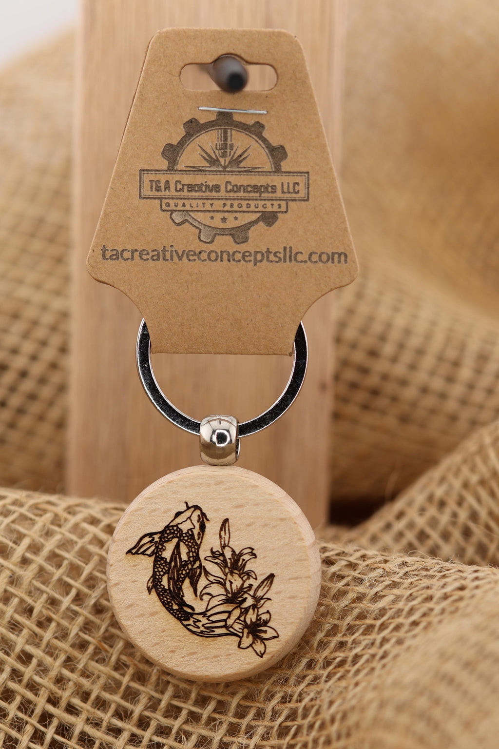 Laser engraved koi keychain - bag charm: hardwood fish charm with stainless steel keyring