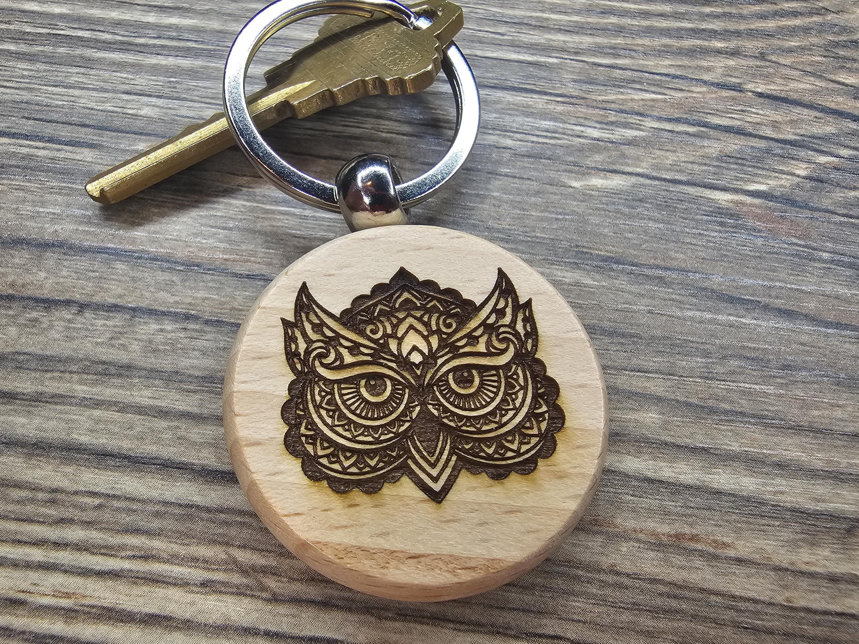 Laser engraved hardwood owl keychain / bag charm: double-sided bird lover gift