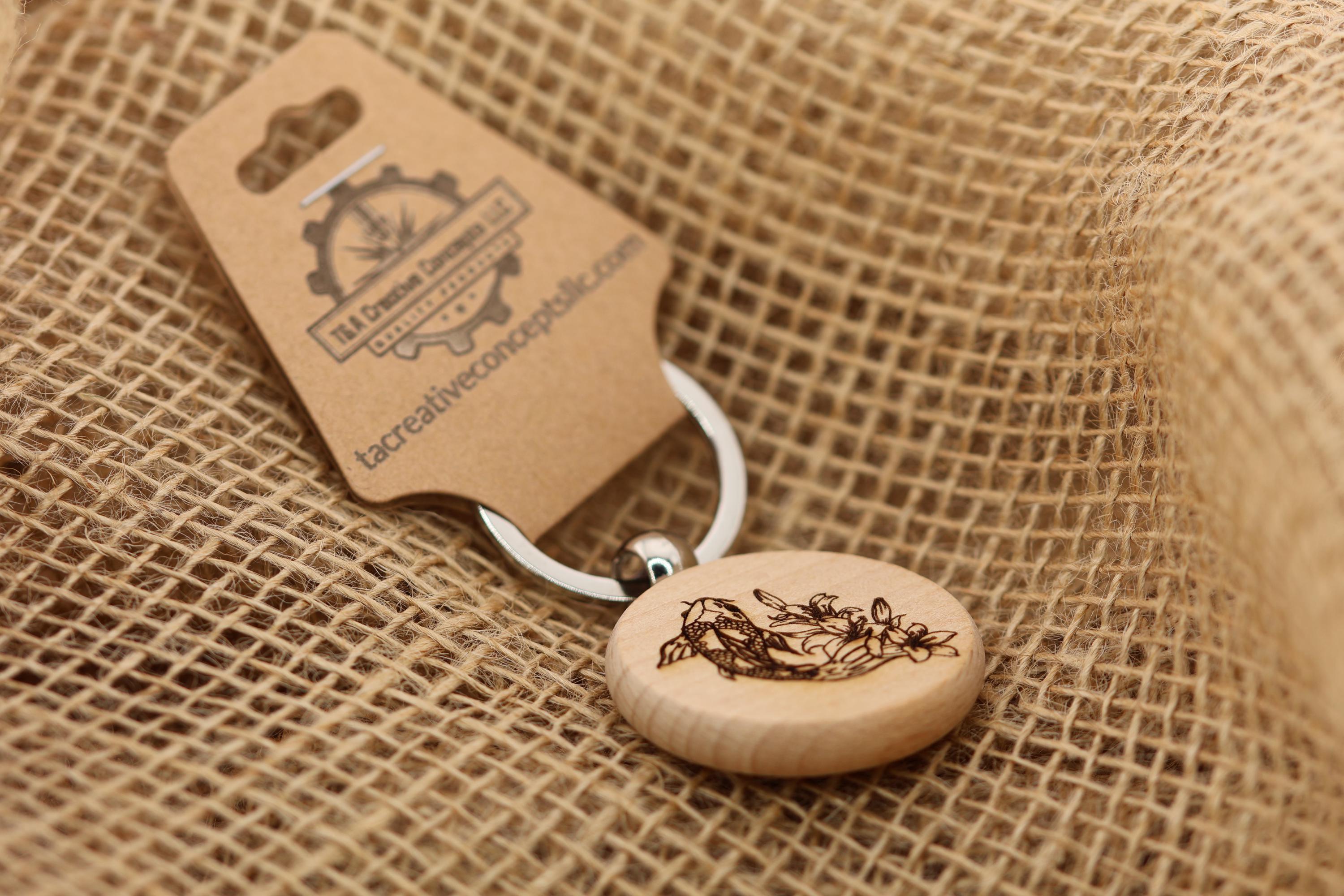 Laser engraved koi keychain - bag charm: hardwood fish charm with stainless steel keyring
