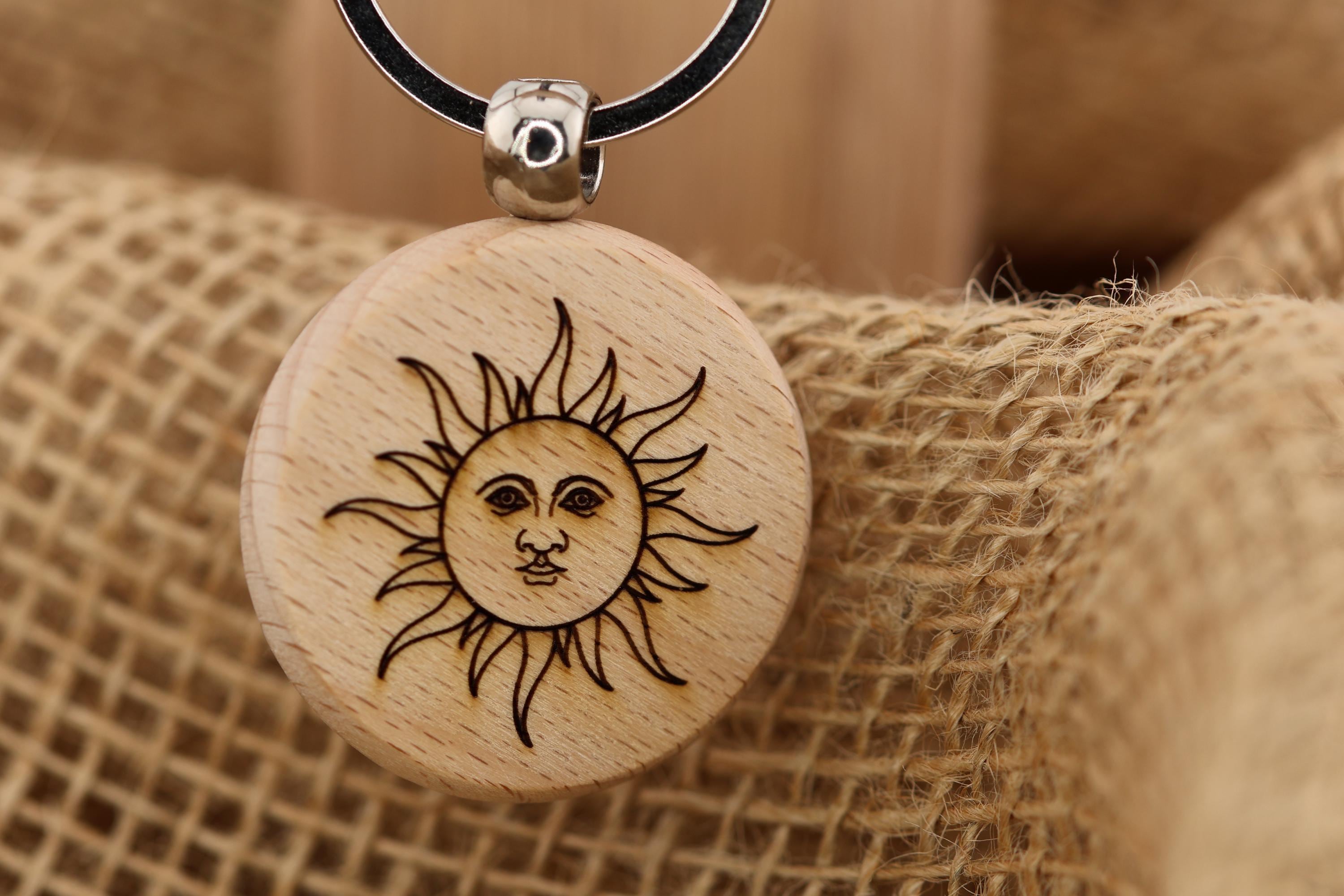 Laser engraved mystical sun keychain - bag charm: boho spiritual gift