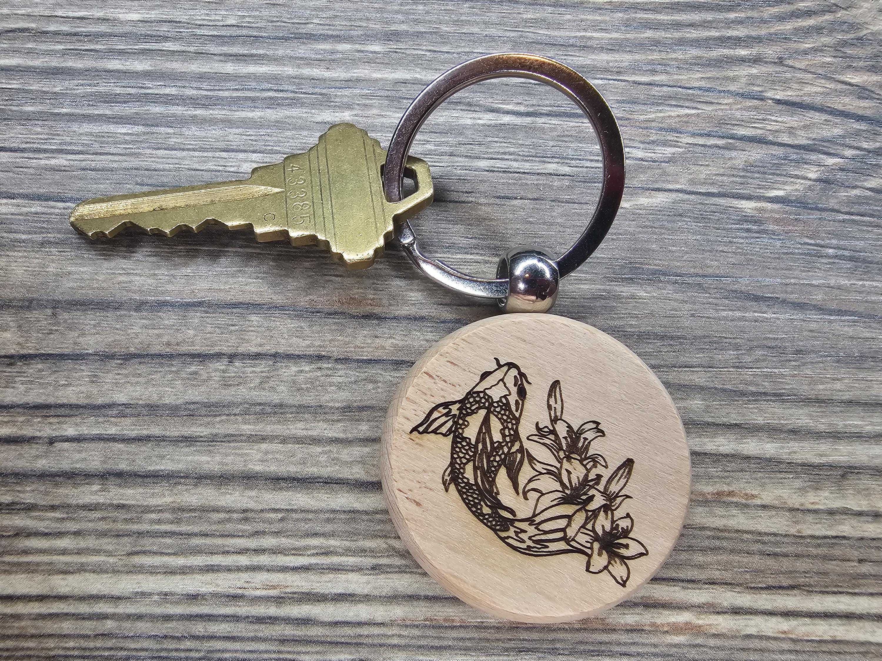 Laser engraved koi keychain - bag charm: hardwood fish charm with stainless steel keyring