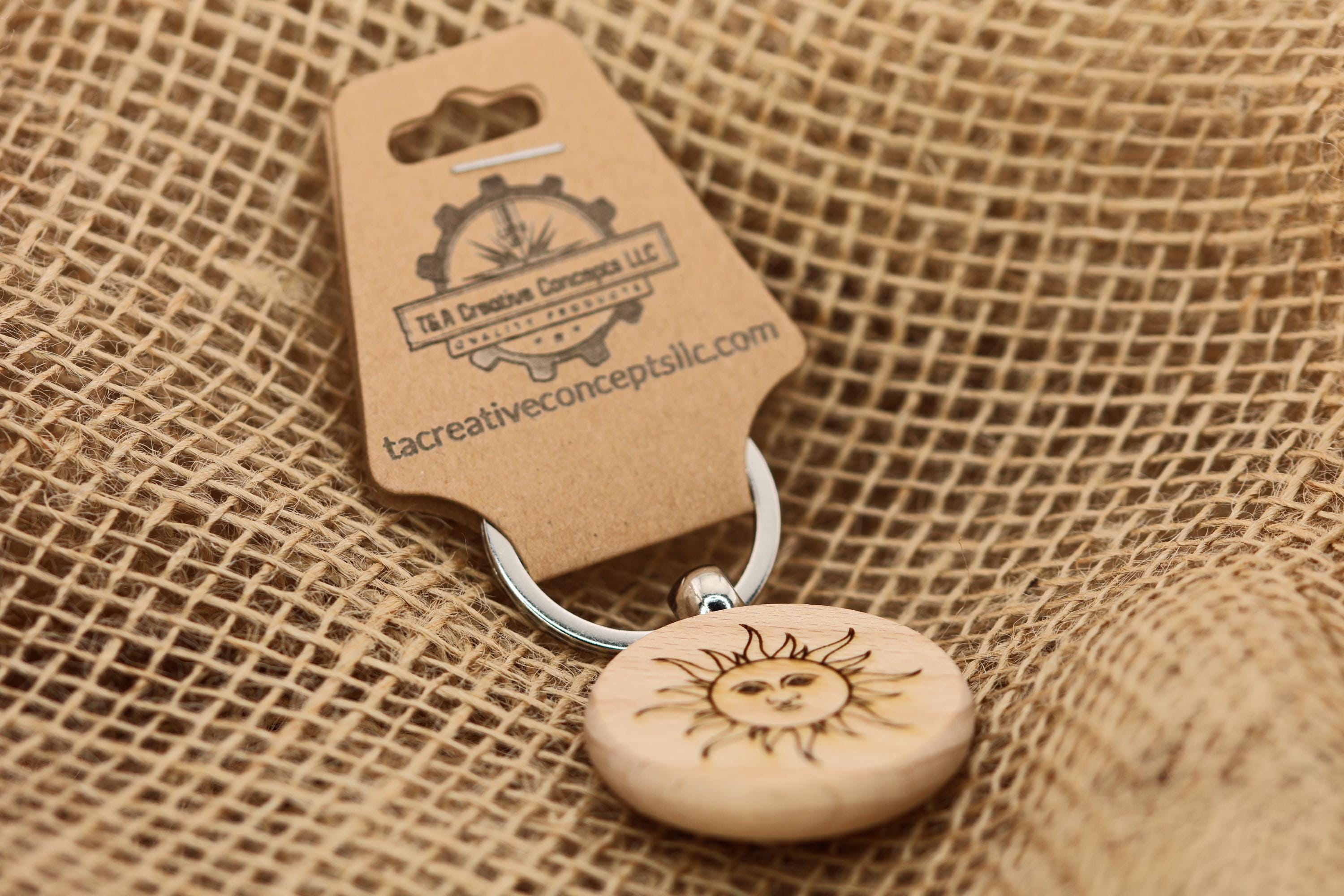 Laser engraved mystical sun keychain - bag charm: boho spiritual gift