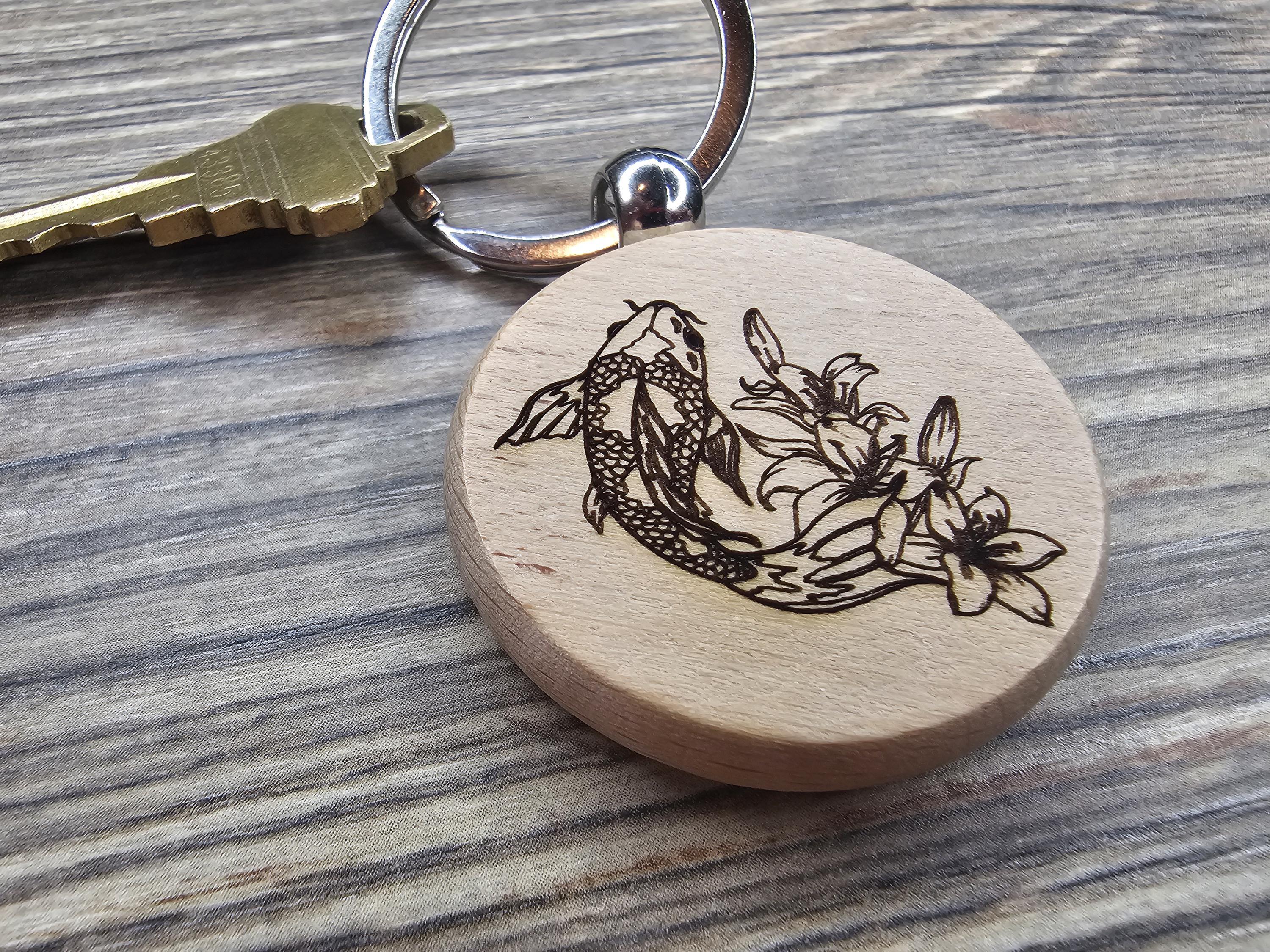 Laser engraved koi keychain - bag charm: hardwood fish charm with stainless steel keyring