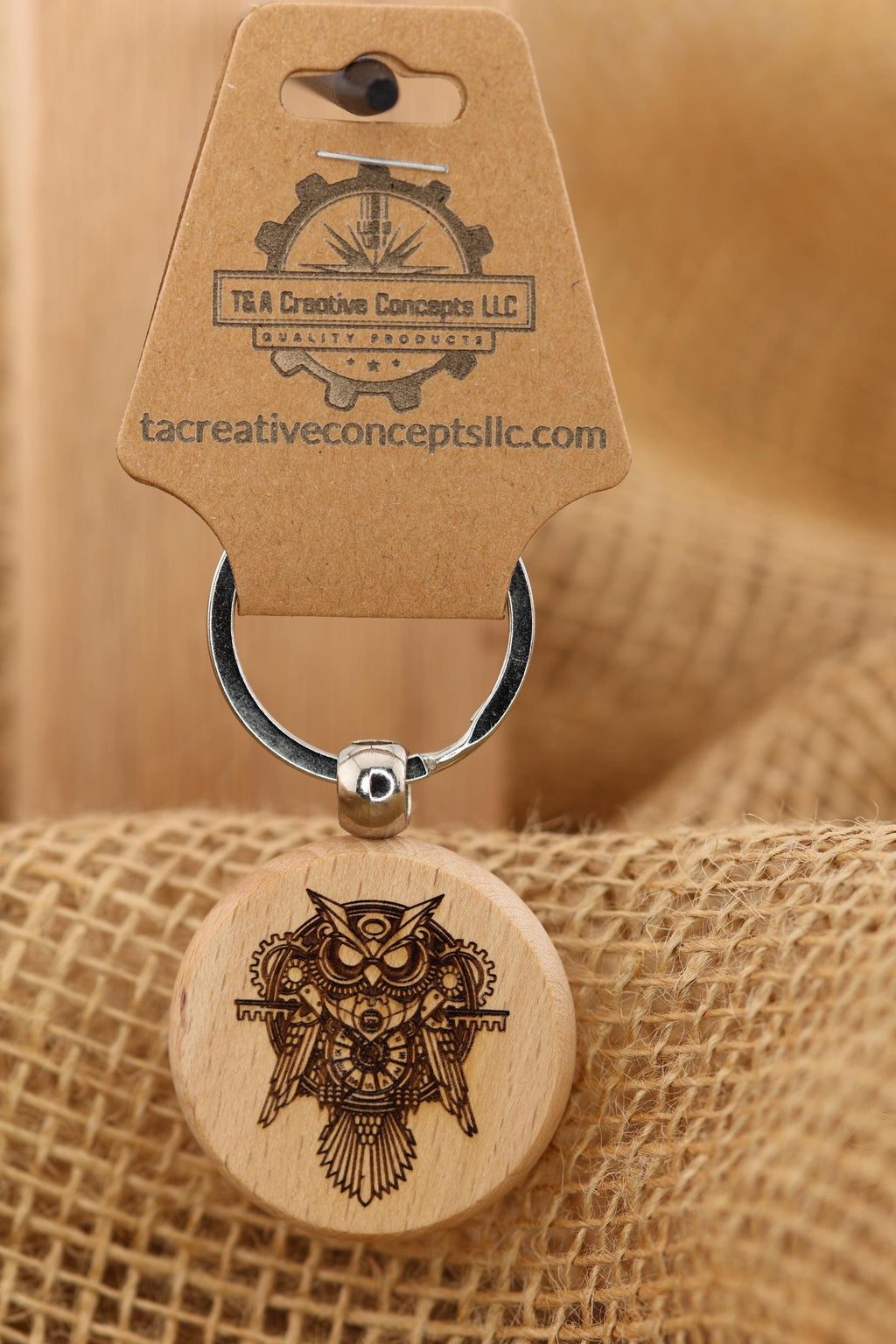 Steampunk owl keychain / bag charm: laser engraved hardwood, stainless steel keyring