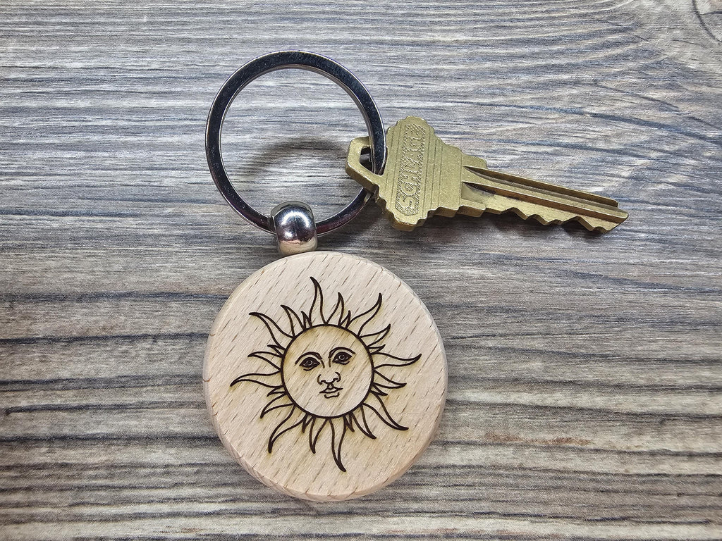 Laser engraved mystical sun keychain - bag charm: boho spiritual gift