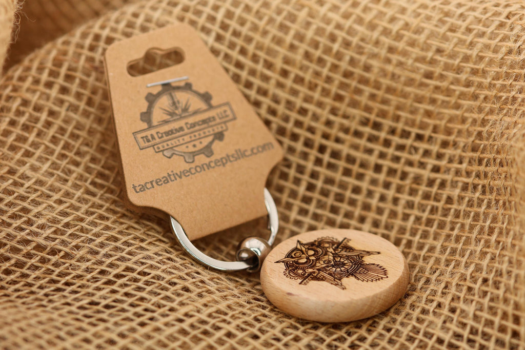 Steampunk owl keychain / bag charm: laser engraved hardwood, stainless steel keyring