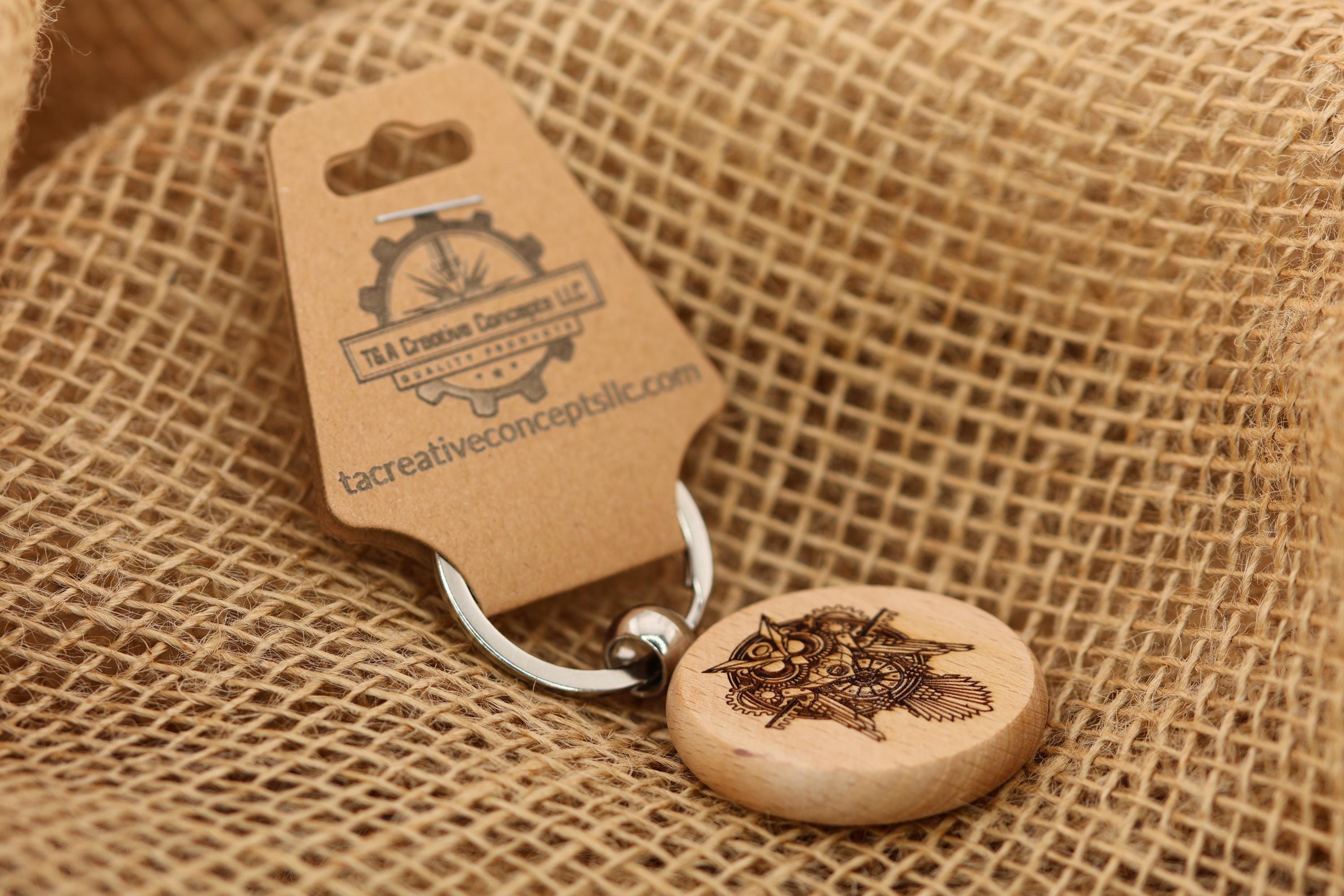 Steampunk owl keychain / bag charm: laser engraved hardwood, stainless steel keyring