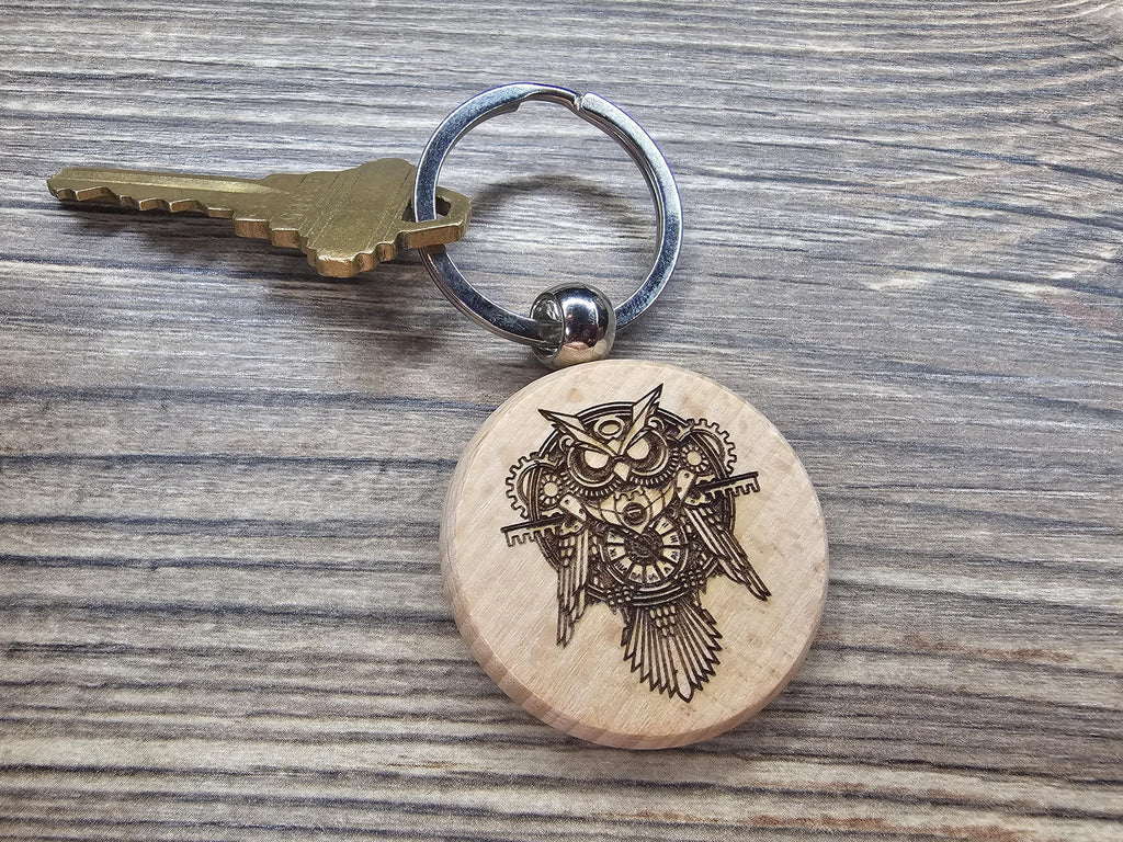 Steampunk owl keychain / bag charm: laser engraved hardwood, stainless steel keyring