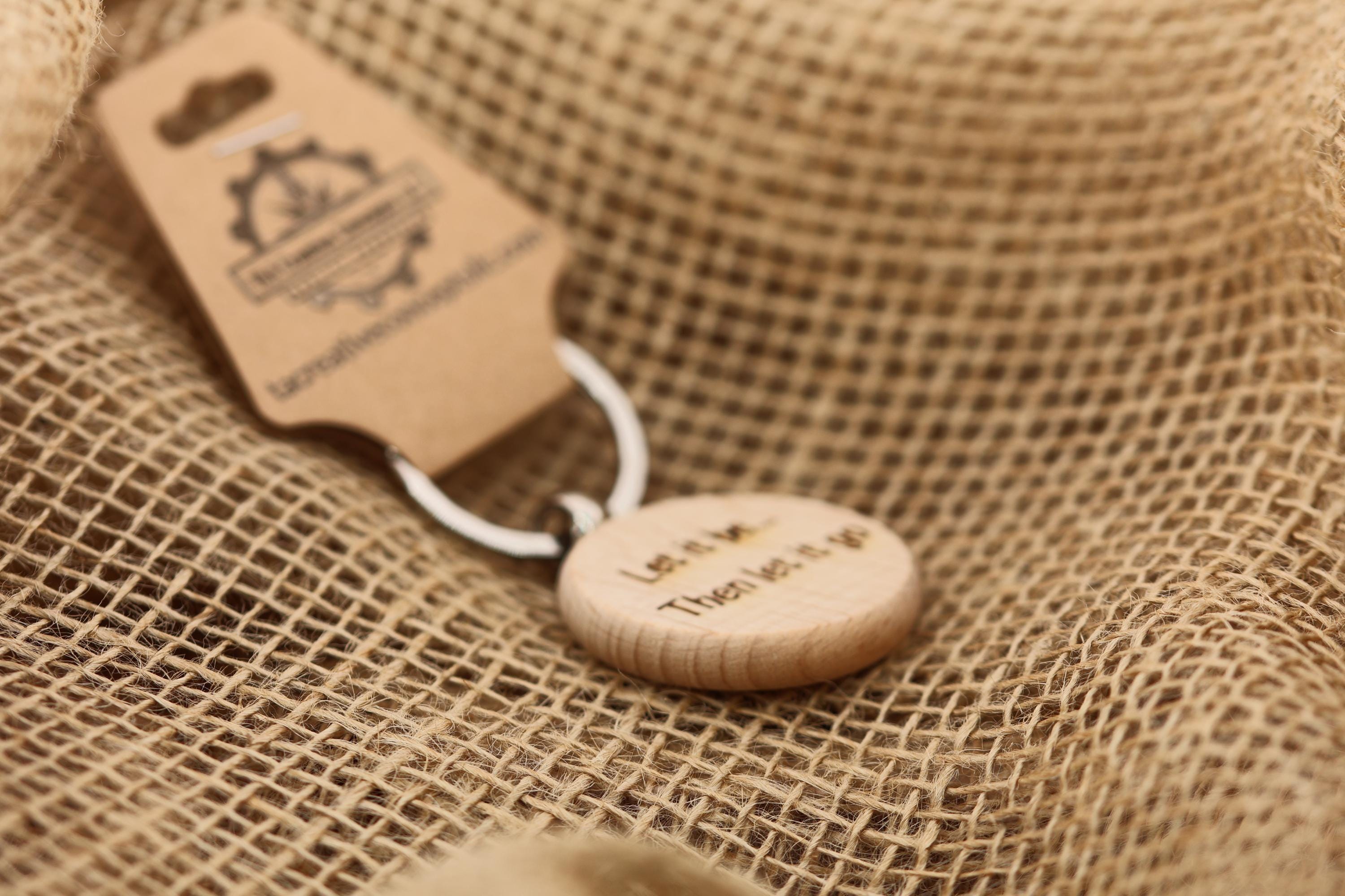Let it be then let it go keychain / bag charm– double-sided laser engraved wood with stainless steel keyring, inspirational music gift