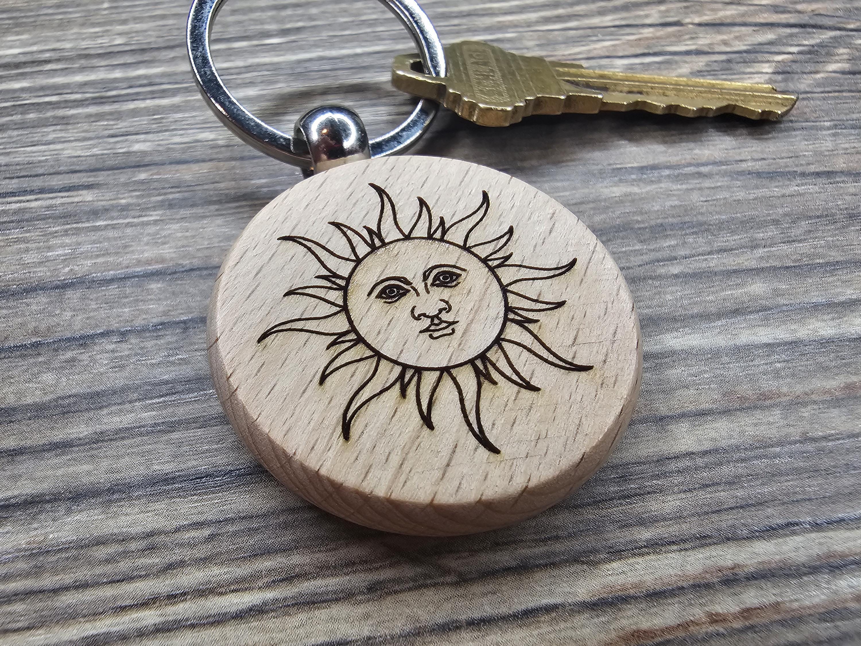 Laser engraved mystical sun keychain - bag charm: boho spiritual gift