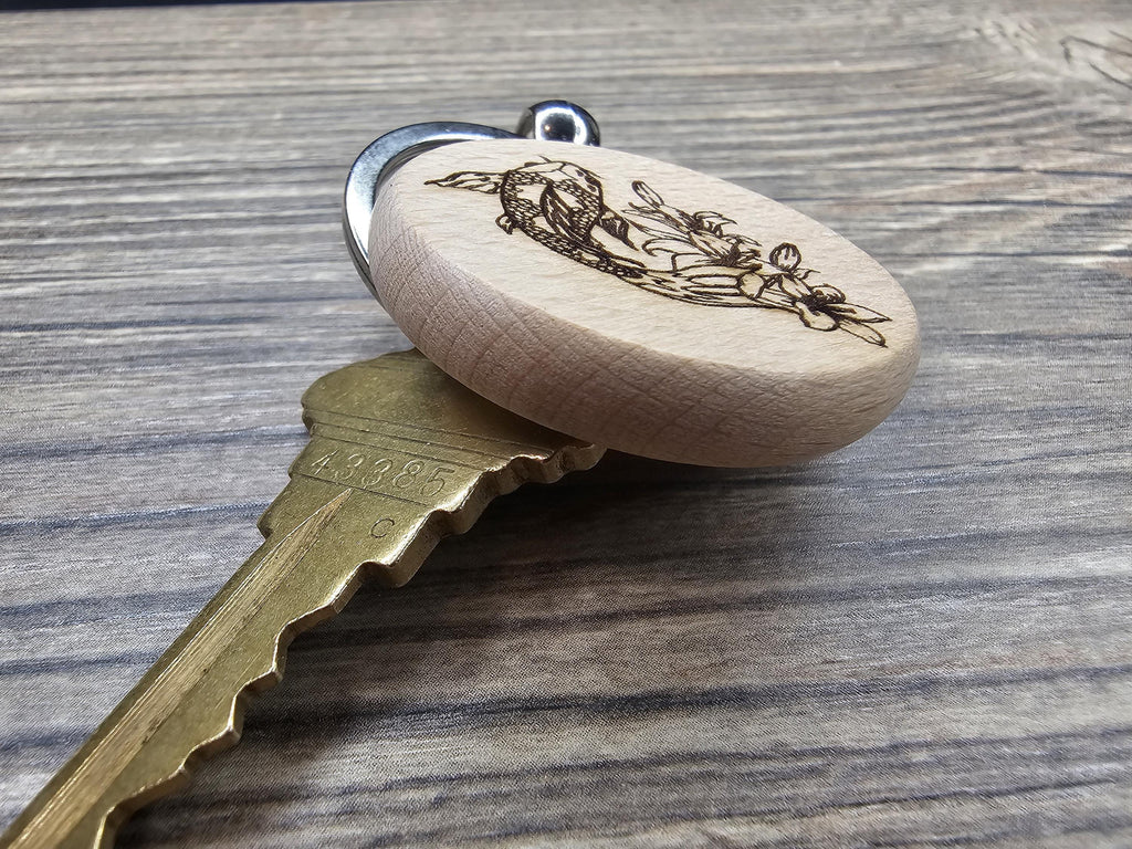 Laser engraved koi keychain - bag charm: hardwood fish charm with stainless steel keyring