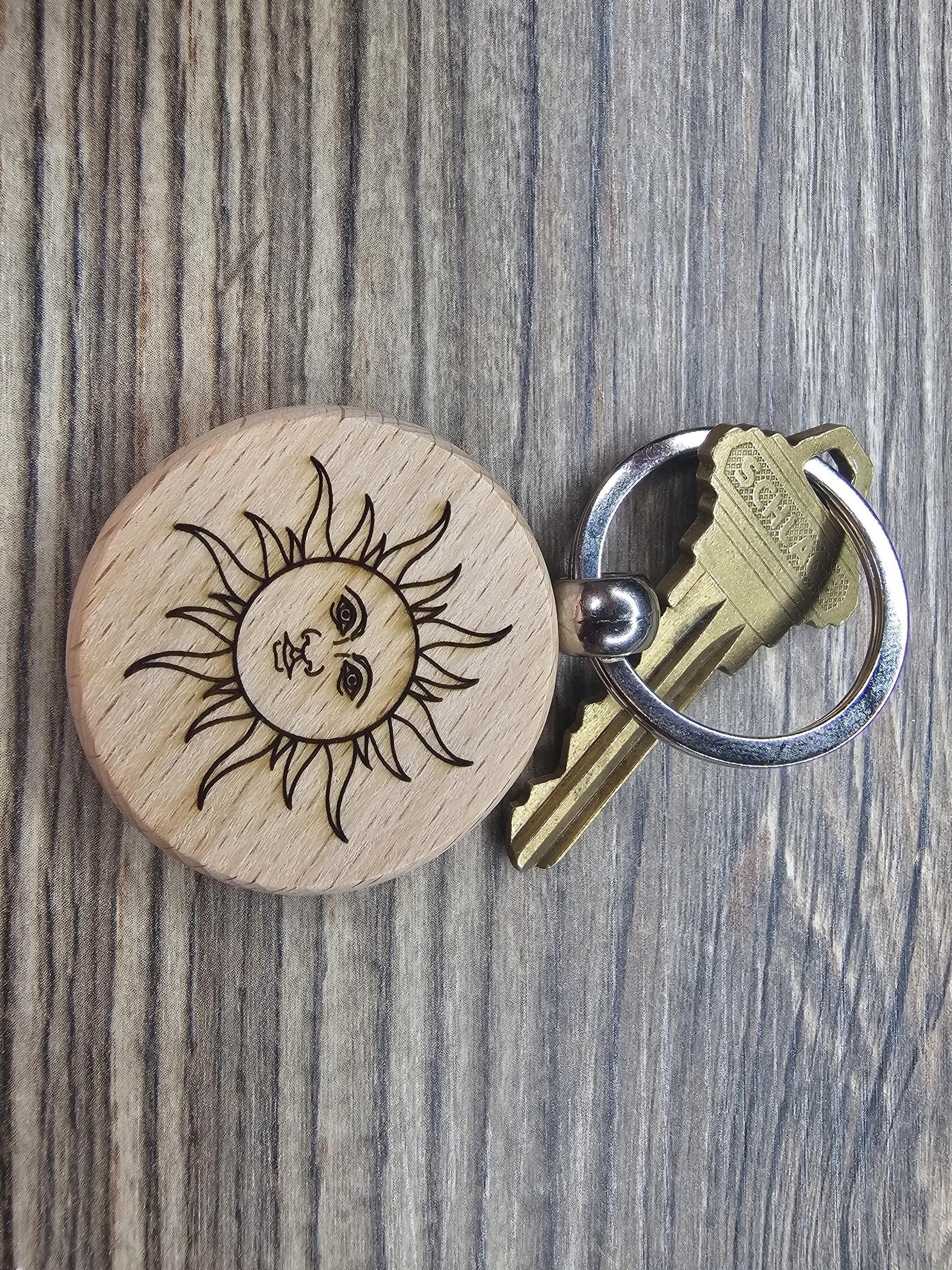 Laser engraved mystical sun keychain - bag charm: boho spiritual gift